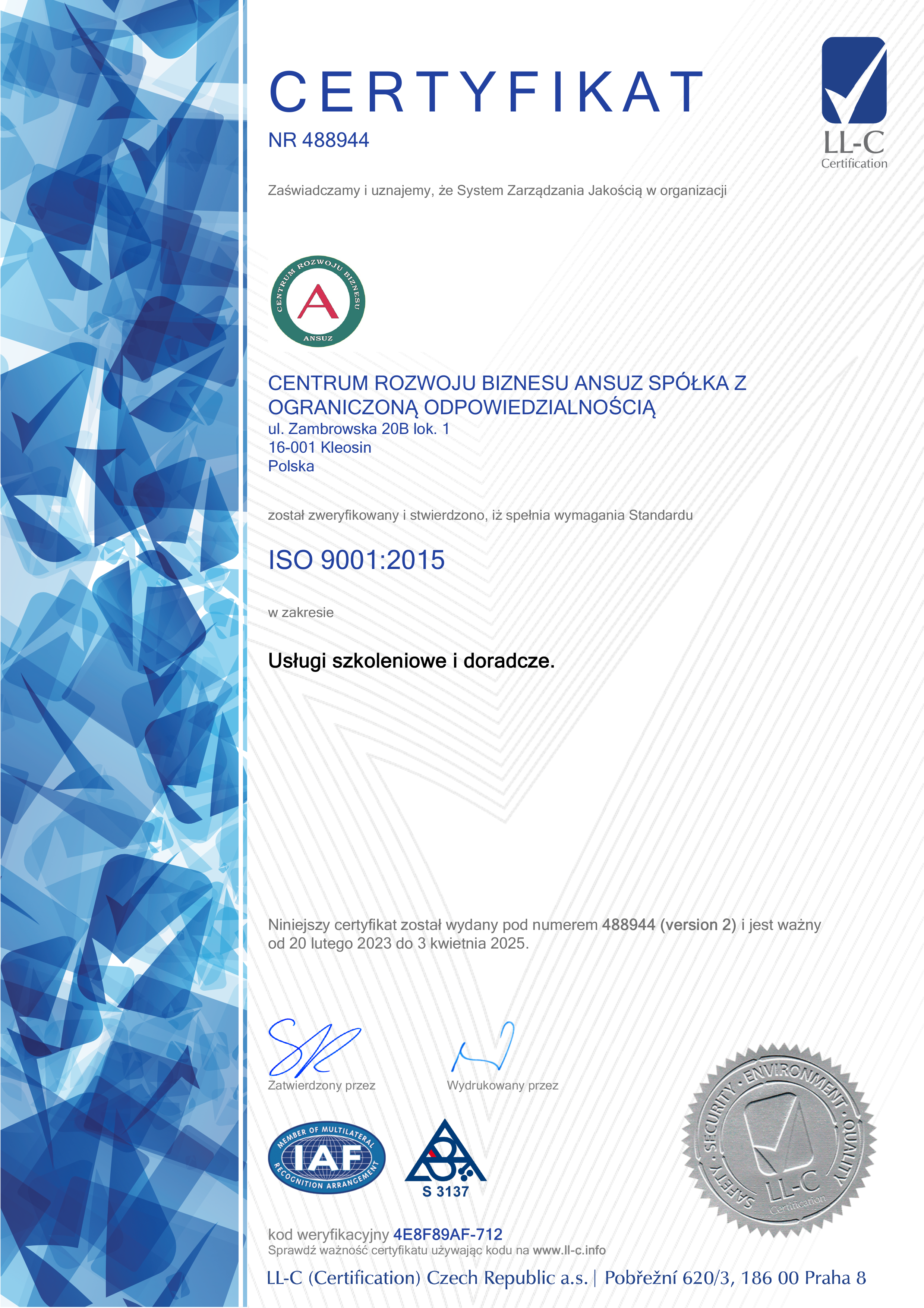 Certyfikat ISO 9001:2015 - Usługi szkolenia